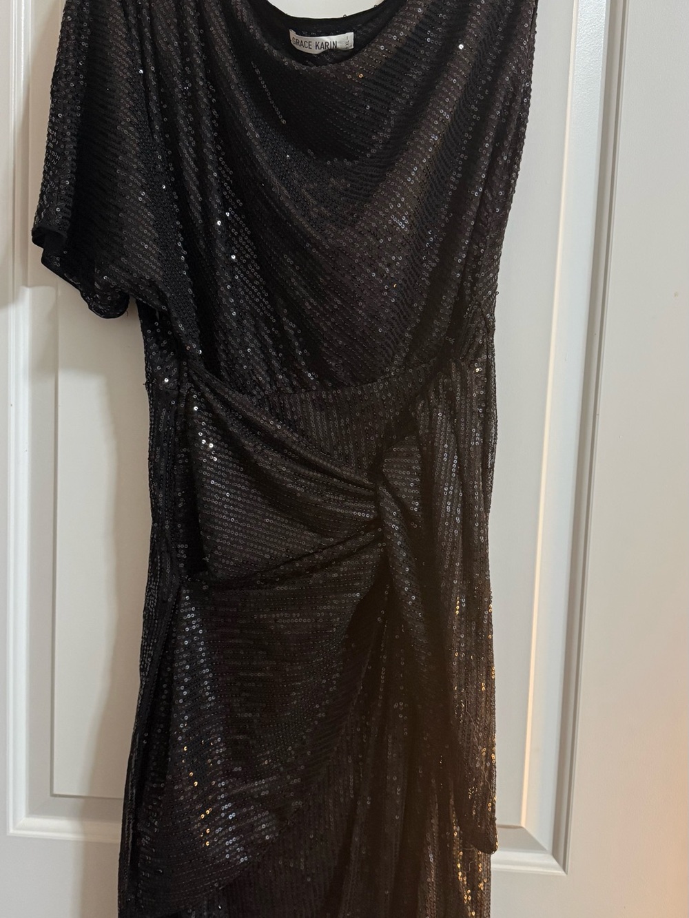 Grace Karin 1X Black Sequin Cocktail Dress Draped Neckline